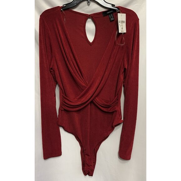 Bodysuit Deep Red OX Forever 21 Lg. Sleeves Draping Deep V NWT - Picture 1 of 11